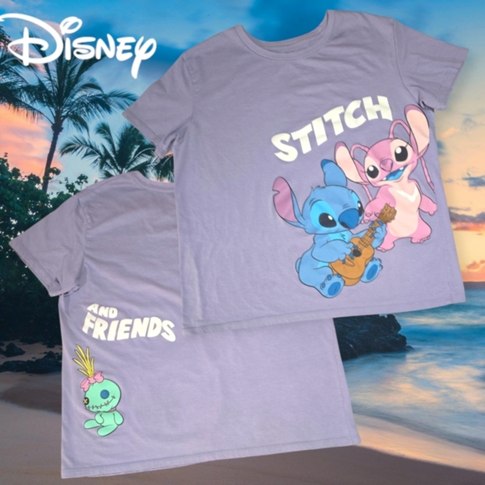 Disney Stitch and Angel Graphic T-Shirt Womens‎ Lilo & Stitch Purple XL FLAWS